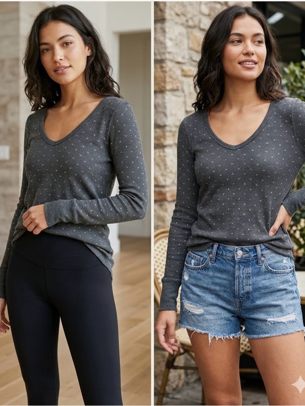 We The Free Charcoal Gray Long Sleeve Scoop Neck Top with Dot Texture
